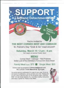 Lakeland Detachment #744 St. Patrick's Day Meal Fundraiser Order Deadline March 10th!