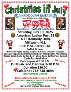 Christmas in July Toys for Tots Fundraiser @ American Legion Post 25 | Milltown | New Jersey | United States